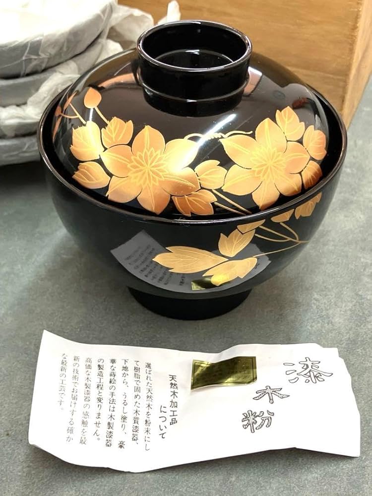 Amazon.co.jp: 会津塗 乙造作 金彩蒔絵 本漆塗仕上げ 蓋付きお吸物椀 5