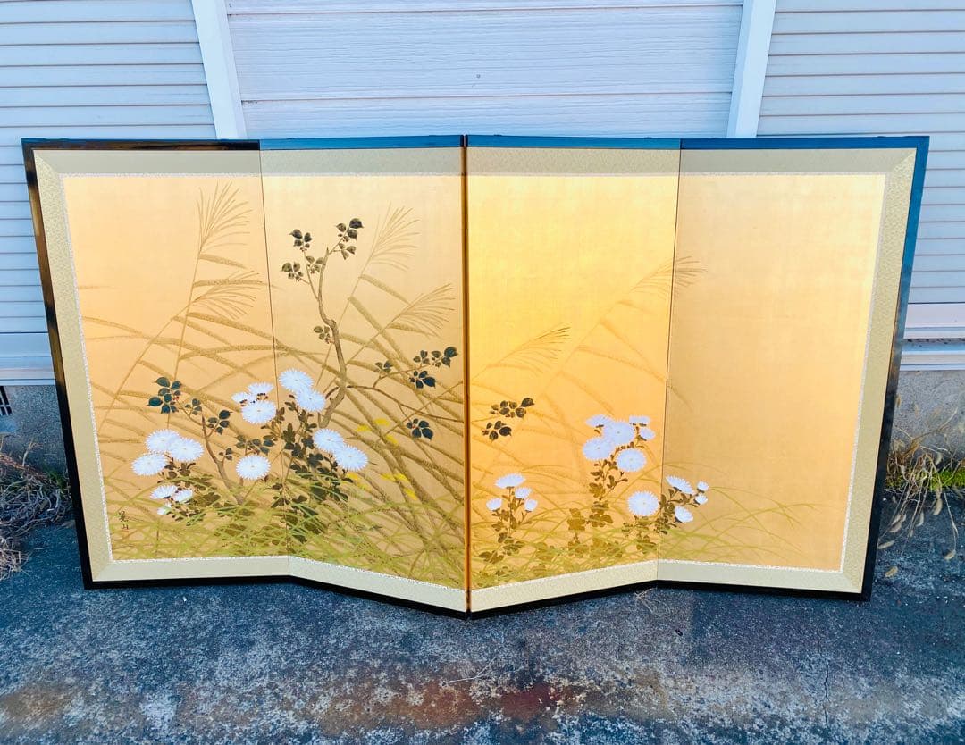 日本画 屏風 草花 金箔 160cm x 90cm 日本画 屏風 草花 金箔 160cm x 90cm